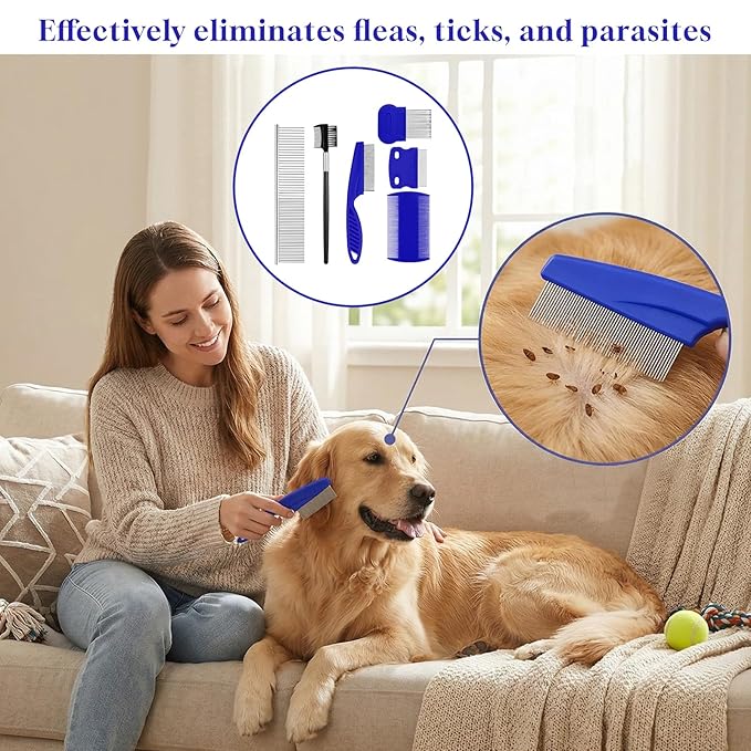 6-Pack Flea Comb for Dogs and Cats, Stainless Steel Dog Cat Grooming Combs with Rounded Tooth for Remove Fleas Lice Eggs Double-Sided Tear Stain Remover Pet Dematting Kit for All Types of Pets