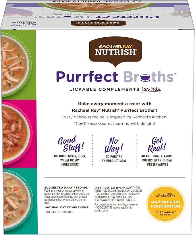 Nutrish Rachael Ray Purrfect Broths Wet Cat Food, Variety Pack, 1.4 Ounce Pouch, Grain Free, (Pack of 48)