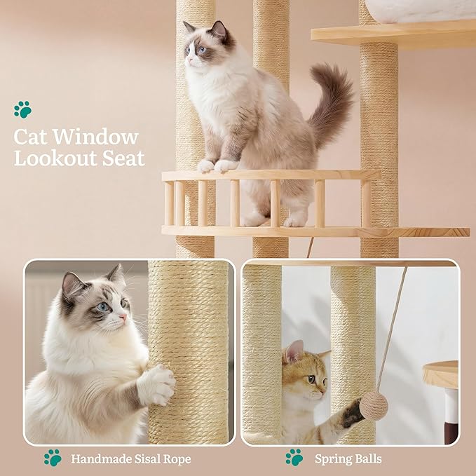 YITAHOME Stable Pine Wood Cat Tree, Multi-Level Cat Tower with Cat House, Observation Perches, Sisal Scratching Posts & 2 Interactive Sisal Balls, Cat Furniture