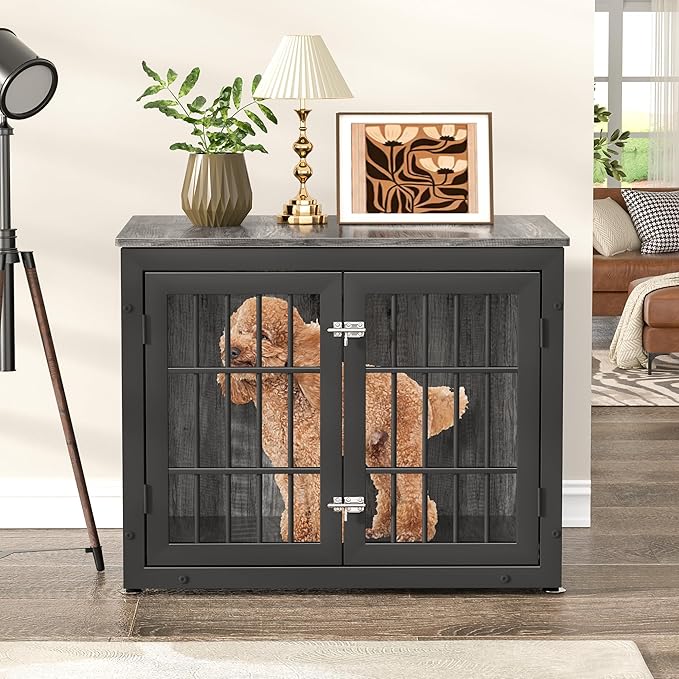 rehomerance 32" Heavy Duty Dog Crate Furniture for Small and Medium Dogs, Metal Kennel for High Anxiety Dogs, Chew Proof Pet Cage Indoor, Decorative Dog Kennel End Table