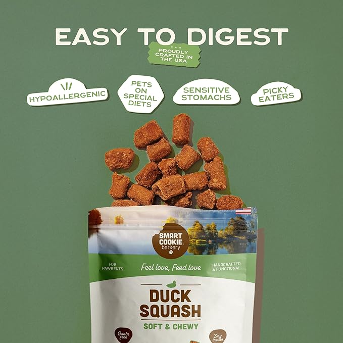 Smart Cookie All Natural Soft Dog Treats - Duck & Squash - Training Treats for Dogs with Allergies or Sensitive Stomachs - Grain Free Dog Treats, Chewy, Human-Grade, Made in USA - 5oz Bag