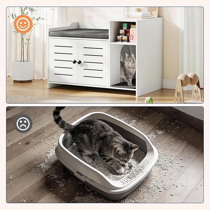 Cat Litter Box Enclosures, Large Hidden Cat Litter Box Furniture with Double Door, Wooden End Table Litter Box Cabinet with Storage Shelf, Cushion & Litter Mat, Dog Proof Design, Modern Cat House