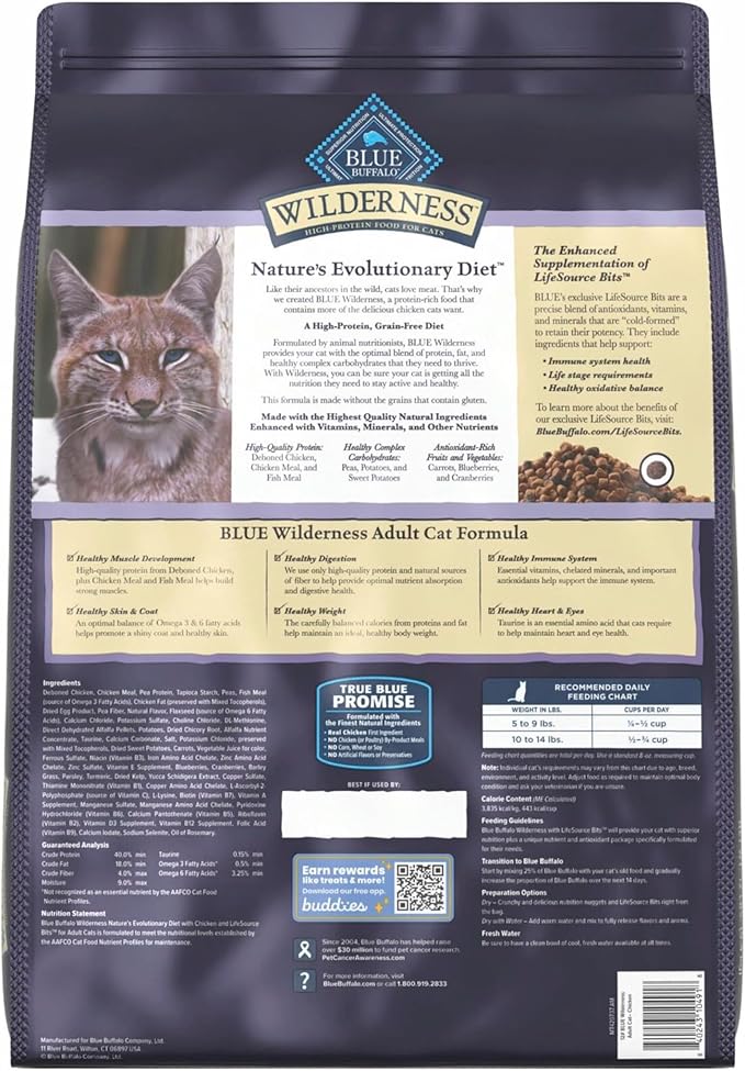 Blue Buffalo Wilderness Natural Adult Dry Cat Food, High-Protein and Grain-Free Diet, Supports Healthy Muscle Development and a Healthy Immune System, Chicken, 12-lb. Bag