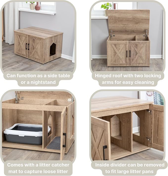 TRIXIE XL Farmhouse Litter Box Enclosure (Graywash), Hidden Litter Box for Cats in Farmhouse-Style, Openings on Either Ends, Large Ventilations Slots, Double Doors for Easy Cleaning, Removable Divider