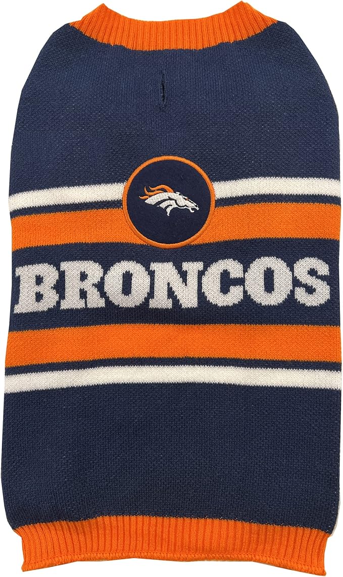 NFL Denver Broncos Dog Sweater, Size Small. Warm and Cozy Knit Pet Sweater with NFL Team Logo, Best Puppy Sweater for Large and Small Dogs