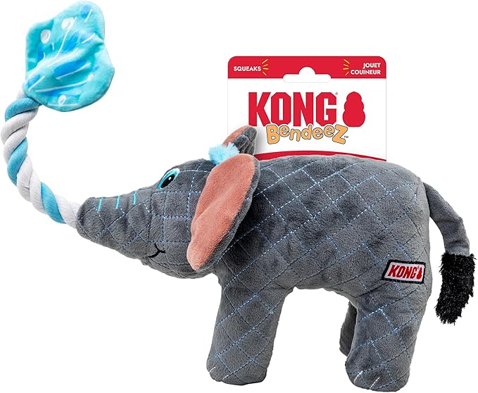 KONG Bendeez Dog Toy – Durable Plush with Rope, Flexible Twistable Design, Squeaker for Interactive Play, Large Size for All Dogs (Elephant)