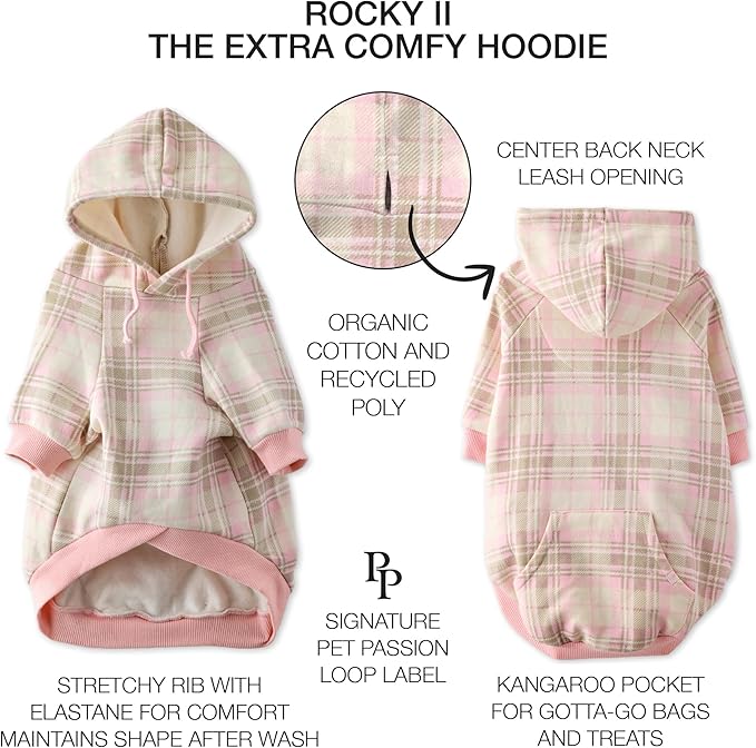 Pet Passion Rocky II - The Extra Comfy Hoodie, Organic Cotton and Recycled Poly Dog Hoodie Pet Coat Sweater for Small, Medium, Large Dogs, Pink Chesterfield Plaid, XXX-Small (up to 5lbs)