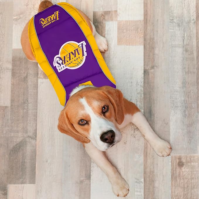 NBA Los Angeles Lakers Puffer Vest for Dogs & Cats, Size Medium. Warm, Cozy, and Waterproof Dog Coat, for Small and Large Dogs/Cats. Best NBA Licensed PET Warming Sports Jacket