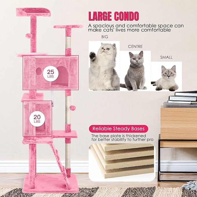 24/7 Shop at Home Court 70 inch Multi-Level Cute Cat Tree Tower with Dangling Ball and Scratching Posts for Indoor Cats Adults, Kitten Supplies, Pet House, Pink