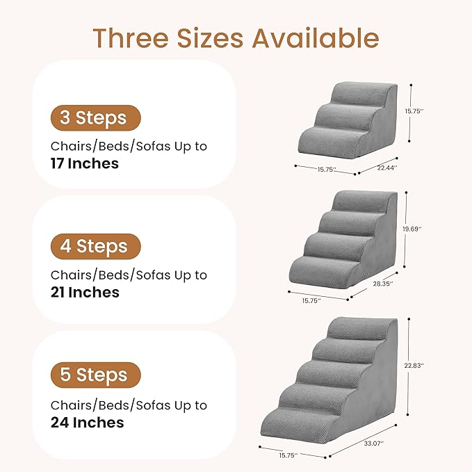 HealSmart Dog Stairs for Small Dogs, 3-Step Curved Design Pet Steps for Puppies & Senior Cats, High-Density Foam Indoor Non-Slip Ladder, Perfect for Sofa Couch and Chair Furniture Access, Gray