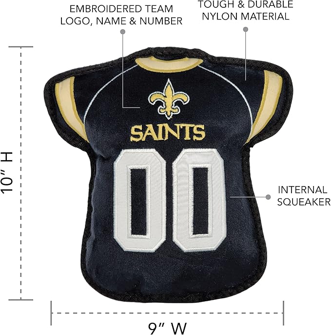 The 1st Ever Tough but Smooth Dog Toy NFL NEW Orleans Saints Football Jersey Tough Pet Toy. A Premium Quality Doggie Toy with Built-in Squeaker. Sports Fans Favorite Chew Toy