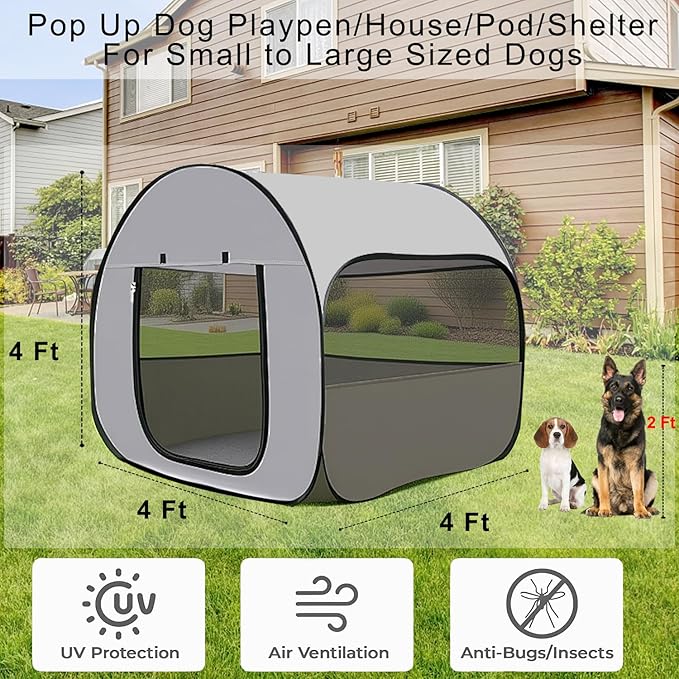 Pop-Up Dog Kennel Enclosure Large - Large Portable Outdoor Pet Crate with Carry Bag, Waterproof Travel Carrier for Camping Home, Grey