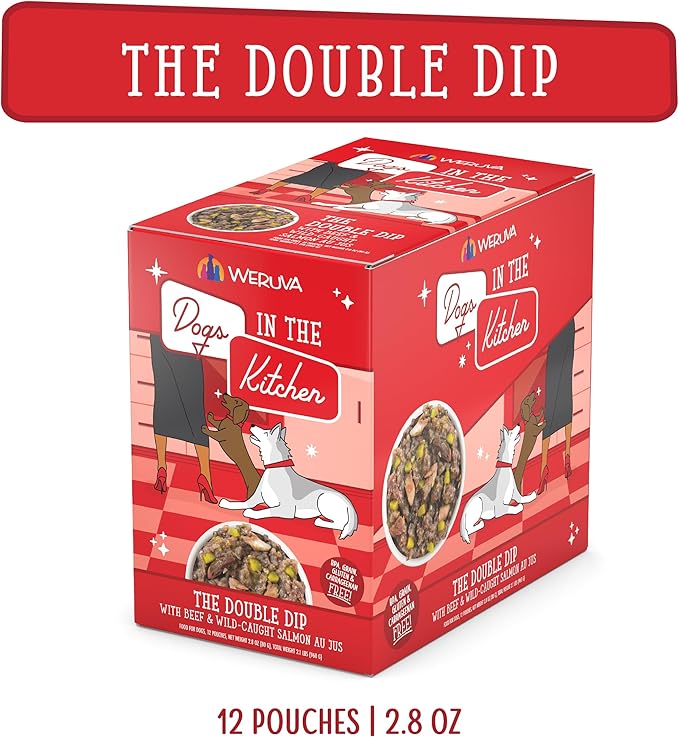 Weruva Dogs in the Kitchen, The Double Dip with Beef & Wild-Caught Salmon Au Jus Dog Food, 2.8oz Pouch (Pack of 12), Red