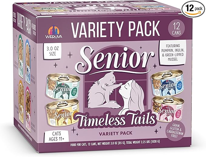 Weruva Senior Cat Food, Timeless Tails Variety Pack, 3oz Can, Pack of 12