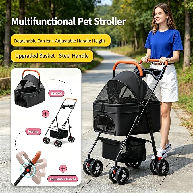 YYW Pet Stroller for Small Dogs & Cats, 3 in 1 Foldable Kittens Puppies Travel Strolling Cart with Removable Carrier, Cup Holder, Storage Basket & Lockable Wheels(Black)