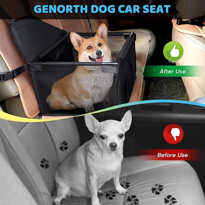 GENORTH Small Dog Car Seats for Small Dogs,Portable Puppy/Pet Car Booster Seat with Clip-On Leash and Mesh Window for Small Pet Up to 11 lbs