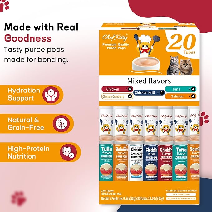 Purée Pops + Green Feeding Spoon, Grain-Free, Lickable, Squeezable Creamy Cat Treat/Topper, 20 Tubes, Chicken and Seafood Mix Variety