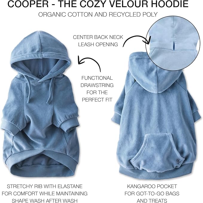 Pet Passion Cooper II Organic Cotton Velour Dog Hoodie Pet Coat for Small, Medium and Large Dogs, Faded Denim, X-Large