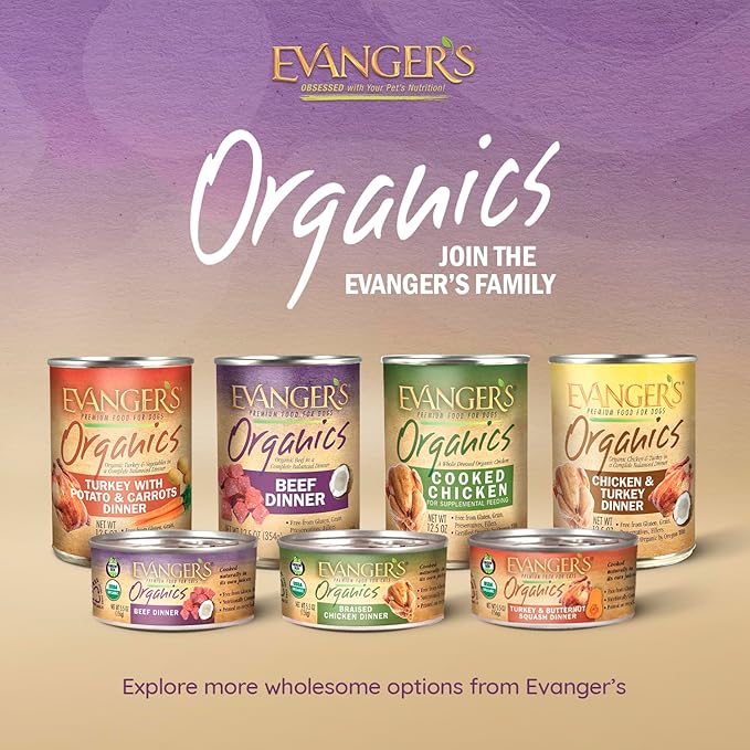 Evanger's Organics Beef Dinner for Dogs – 12 Count, 12.5 oz Each – Qualified Organic, Grain Free, GMO Free – Nutrient-Dense Recipe with Organic Vegetables – Wet Dog Food