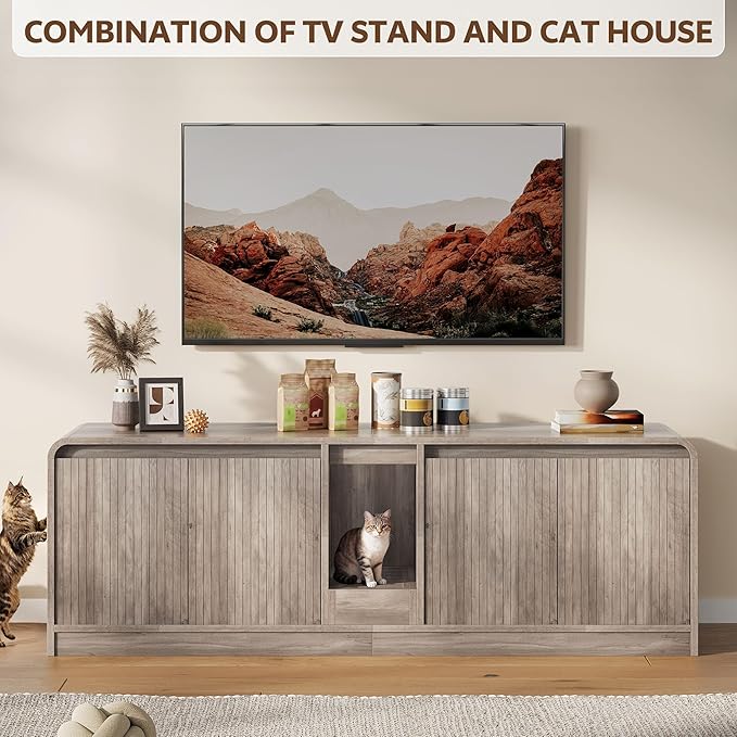 Cat Litter Box Enclosure with Litter Collector, 59'' Double Litter Box Enclosure for 2 Cats, Hidden Litter Box Furniture for Indoor Cats Large Adult, Cat House, Side Table, TV Stand, Grey