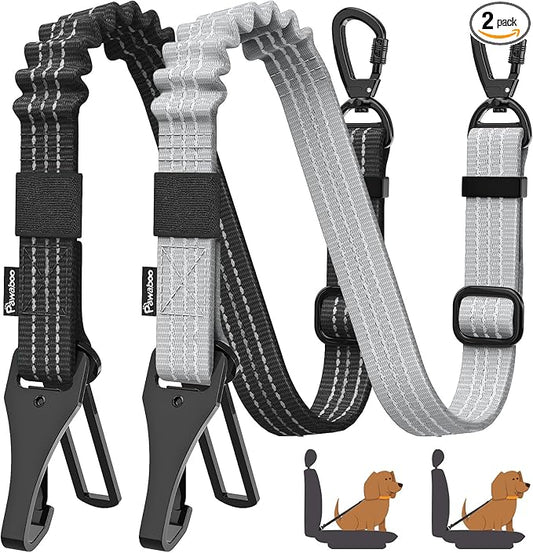 Pawaboo 2Pack Dog Seatbelt for Car, 3-in-1 Dog Car Seat Belt, Shockproof Dogs Tether with Buckle & Hook Latch, Adjustable Reflective Dogs Cars Harness Leash with 360° Lockable Buckle, Gray & Black