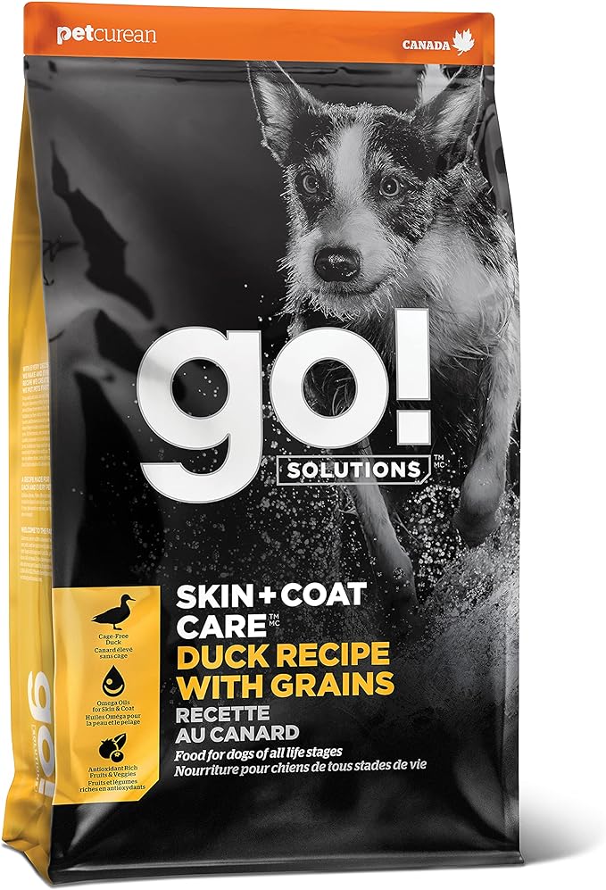 Go! Solutions Skin + Coat Care Duck Dry Dog Food with Grains, Chicken-Free, Healthy Kibble with Omega-3s & 6s for Soft, Shiny Fur, for Puppies, Adults, & Seniors, 12 lb Bag