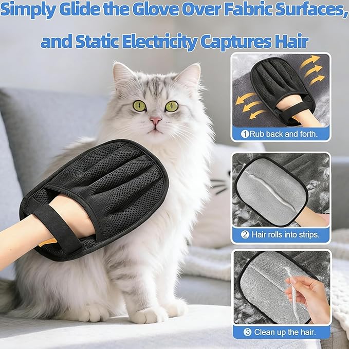 Large Pet Hair Removal Gloves for Cats (3pcs) Electrostatic Magic Brush for Clothes, Beds, Sofa, Carpets | Reuseable | Thickened Newly Upgraded | Fur Remover Mitt for Dogs, 2 Gloves + 1 Lint Scraper