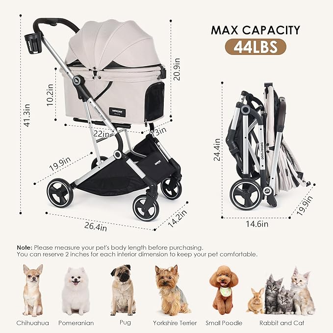 T4 Pet Stroller for Small Medium Dogs, Cat Strollers for 2 Cats, 4 Wheels Folding Pet Stroller for Cats with Pad, Canopy and Cup Holder, Beige
