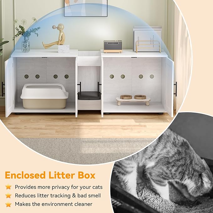 Cat Litter Box Enclosure for 2 Cats,55" Large Hidden Litter Box Furniture with Barn Door & Double Rooms,Modern Indoor Pet House TV Stand Side Table,Cats Washroom,for Bedroom Living Room,White