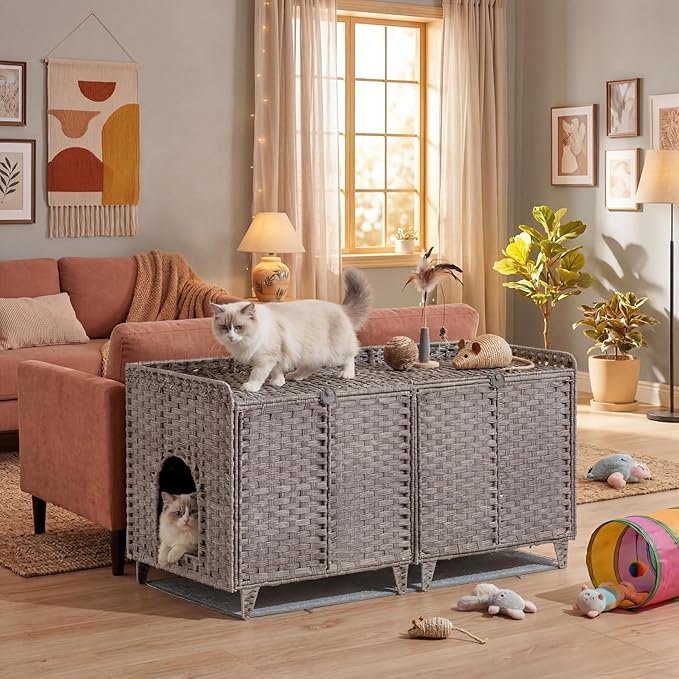 GarveeLife Cat Litter Box Enclosure Furniture, Handwoven Rattan Cat House, Hidden Cat Washroom Furniture with Door/Mat, Large Space Cat House with s-Shaped Hooks, Living Room, Bedroom