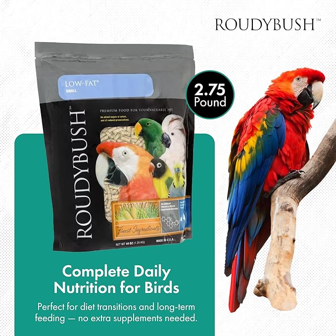 Roudybush Low Fat Food for Adult Birds & Chicks - Scientifically Formulated Bird Feed - Bird Food Pellets w/ Corn, Wheat, Soy & More - Nutritious & Healthy Feed for Birds (Small, 44oz)