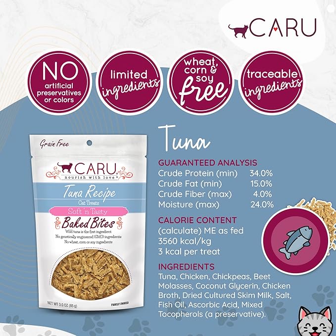 Caru - Soft ‘n Tasty Baked Bites - Tuna Bites Cat Treats - Flavorful All-Natural Treats - Pack of 3
