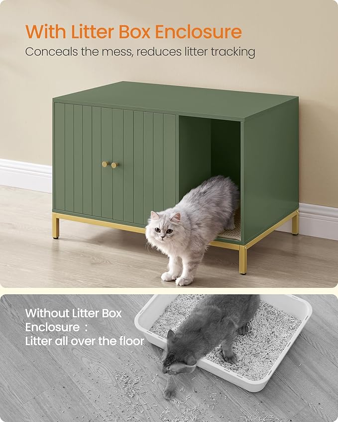 Feandrea Cat Litter Box Enclosure, Hidden Litter Box Furniture with Scratch Pad, Front Entry, Double Cabinet Doors, Modern Style, 31.5" Cat House Washroom Side End Table, Forest Green and Gold