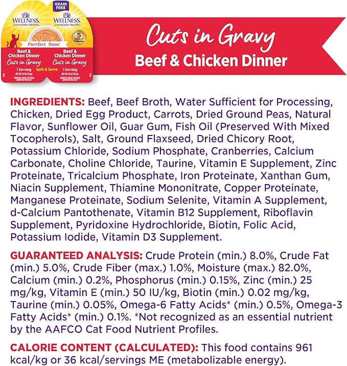 Wellness Complete Health Purrfect Duos Cuts in Gravy Adult Wet Cat Food, Natural, Protein Rich, Grain Free, Beef and Chicken Dinner Recipe, 2.64 oz, Pack of 12 Split Cups