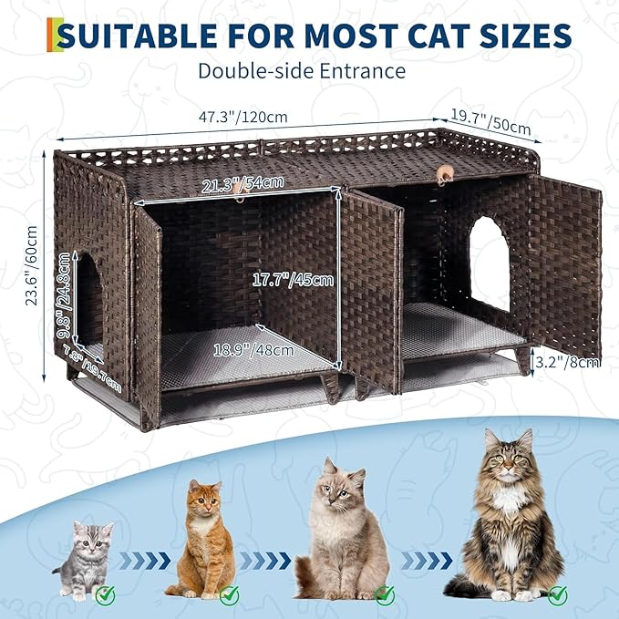 GarveeLife Cat Litter Box Enclosure Furniture, Handwoven Rattan Cat House, Hidden Cat Washroom Furniture with Door/Mat, Large Space Cat House with s-Shaped Hooks, Living Room, Bedroom
