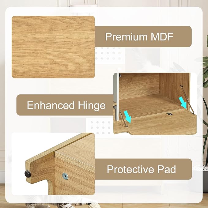 GDFStudio 44" Modern Cat Litter Box Enclosure Furniture, 2 in 1 Cat Furniture Set with Storage Shelf and Flip Door, Wooden Indoor Cat House, Space Saving Pet Furniture, Natural