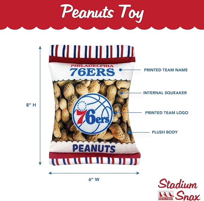NBA Philadelphia 76ers Crinkle FINE Plush Dog & CAT Squeak Toy - Cutest Stadium Peanuts Snack Plush Toy for Dogs & Cats with Inner Squeaker & Beautiful Baseball Team Name/Logo