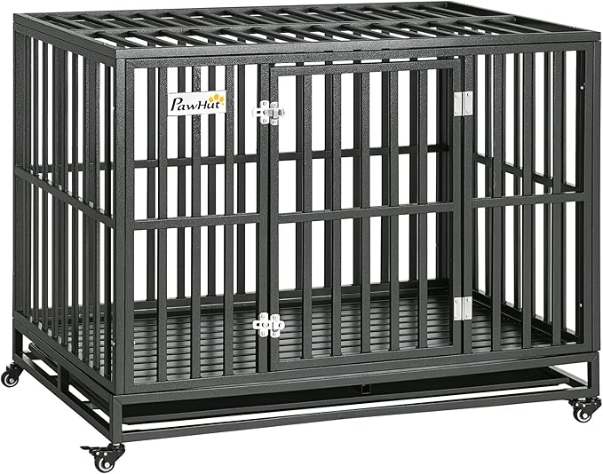 PawHut Heavy Duty Dog Crate Metal Kennel and Cage Dog Playpen with Lockable Wheels, Slide-Out Tray and Anti-Pinching Floor, 45" x 29.5" x 35"