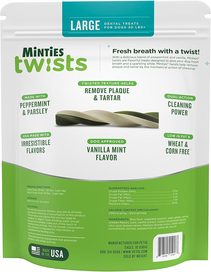 Minties Twists VetIQ Dog Dental Bone Treats, Dental Chews for Medium/Large Dogs (Over 40 Lbs), 20 Count