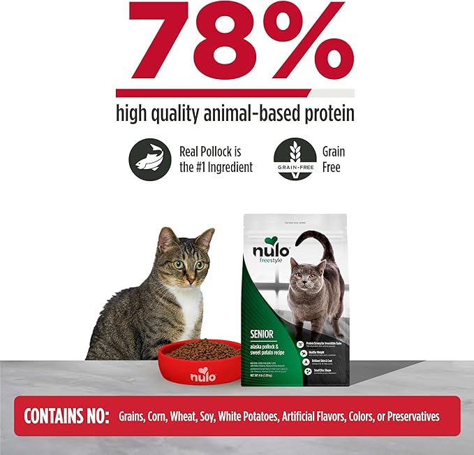 Nulo FreeStyle Senior Dry Cat Food - Alaska Pollock & Sweet Potato, High Protein, Natural Grain Free Cat Food with Probiotics and L-Carnitine, 4lb Bag