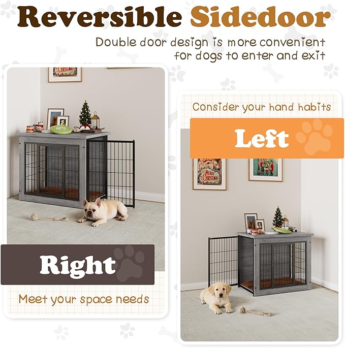 Dog Crate Furniture with Thick Cushion, Side End Table Wooden Dog Cage with Double Doors, Chew-Resistant Dog Kennel Dog House Indoor for Small to Large Dog