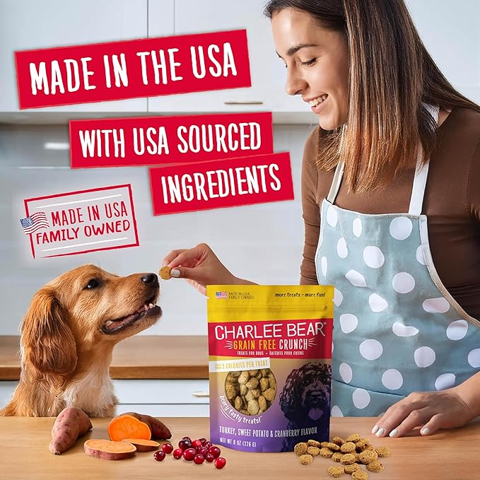 Charlee Bear Crunch Grain Free Dog Treats, Turkey, Sweet Potato and Cranberry, 8 Ounce Resealable Bag, Low Calorie Training Treats for Dogs, Limited Ingredient, Crunchy Dog Snacks, Made in USA