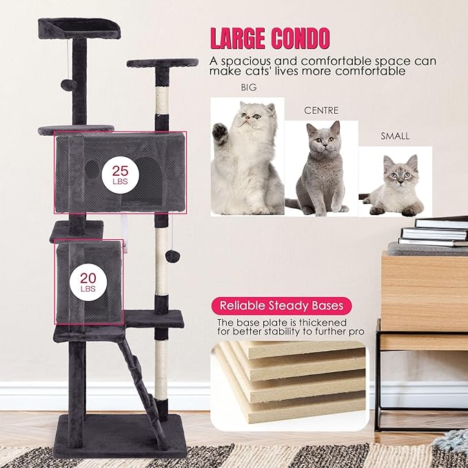 24/7 Shop at Home Court 70 inch Multi-Level Cute Cat Tree Tower with Dangling Ball and Scratching Posts for Indoor Cats Adults, Kitten Supplies, Pet House, Ash Gray