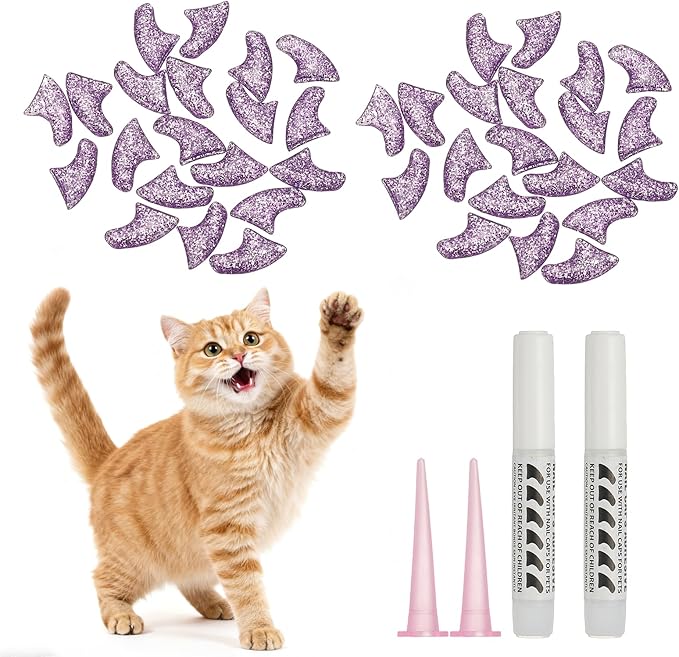Cat Nail Caps, Cat Claw Covers with Adhesive Glue and Applicators, Kitten Claw Caps Soft Paws, (40 Pcs, L, Crystal Lavender), Intended for Pet Tips/Nail Covers/Control Paws