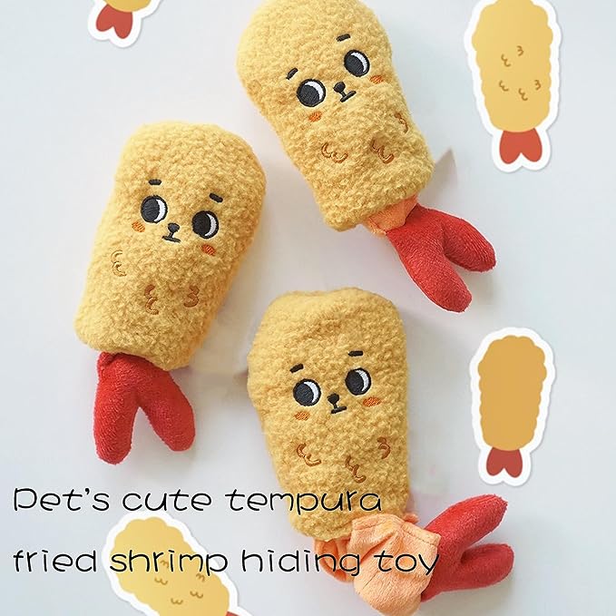 Rustling Squeaky Pet Toys Foodie Fried Shrimp Tempura Toy Interactive Dog Puzzle Plush Chew Toys Hiding Brain Stimulating for Puppy Small Medium Dogs Cats