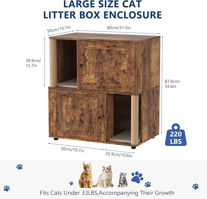 Double Litter Box Enclosure for 2 Cats, 2 Tier Litter Box Enclosure Furniture with Scratching Post and Dual Mats,Wood Cat Kitty House Cabinet,Modern Style