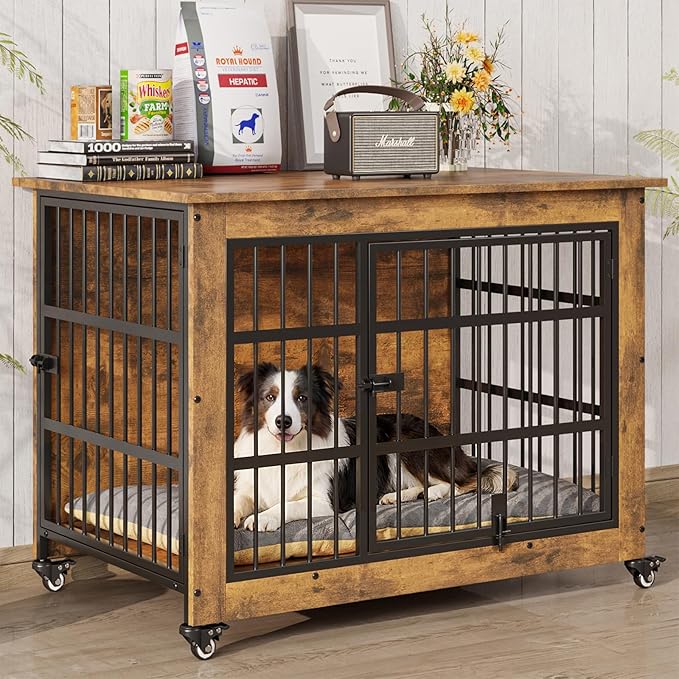 Halitaa 38.5" Dog Crate Furniture with Cushion and Wheels, Wooden Dog Kennel Indoor for Medium/Large Dogs, Farmhouse Pet Cage for Anxiety Dog, Rustic Brown (38.5" L x 25.5" W x 29" H)