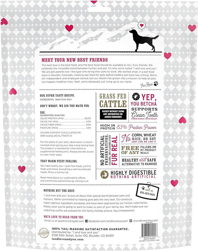 I and love and you Ear Candy Cow Ear Chews - Beef - Rawhide Alternative, Single Ingredient, Free Range Grass Fed Beef, 5ct