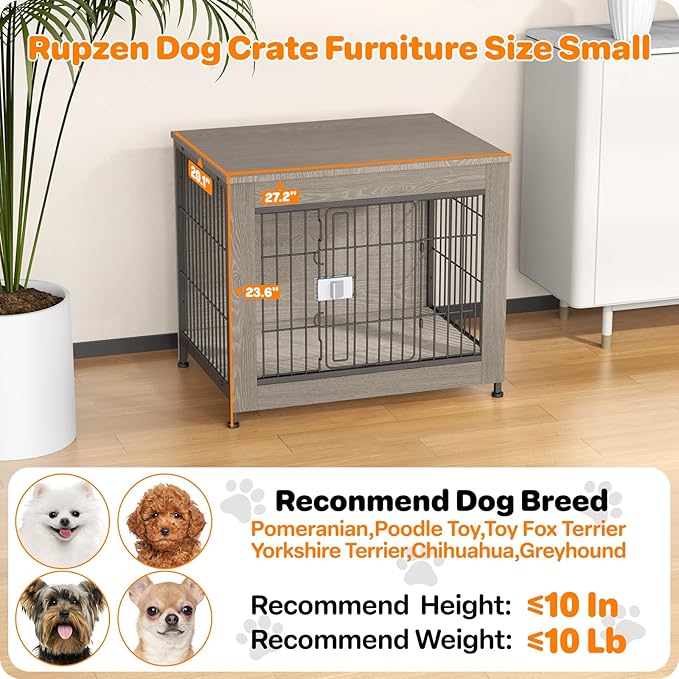 Escape Proof Decorative Dog Crate Furniture with Wooden Top, 27in Furniture Style End Table and Secure Indoor Kennel, Anti Anxiety for All Breeds, Greige
