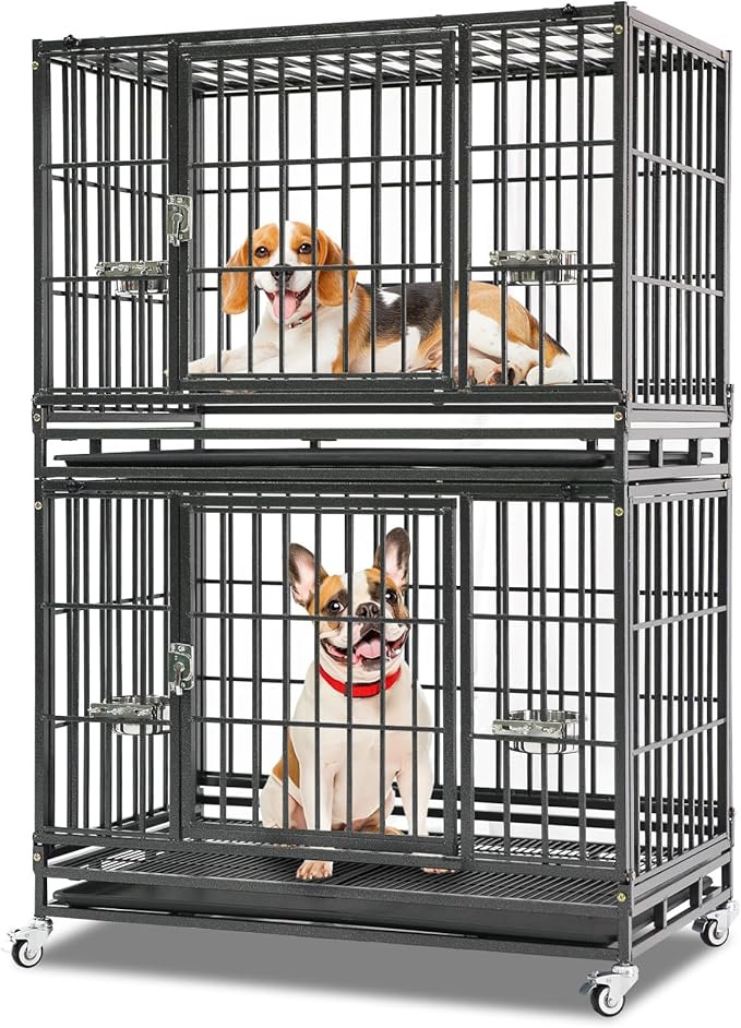 Homey Pet Two Tiers 37 Inch Dog Crate Cage Kennel with Feeding Bowls, Lockable Wheels and Removable Tray, Escape Proof Metal Wire Heavy Duty Dog Crates for Medium/Small Sized Dogs (4 Pack)